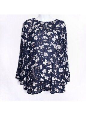J. Jill Black Floral Bell Sleeve Semi Sheer Tunic Blouse Top Women's Size Large